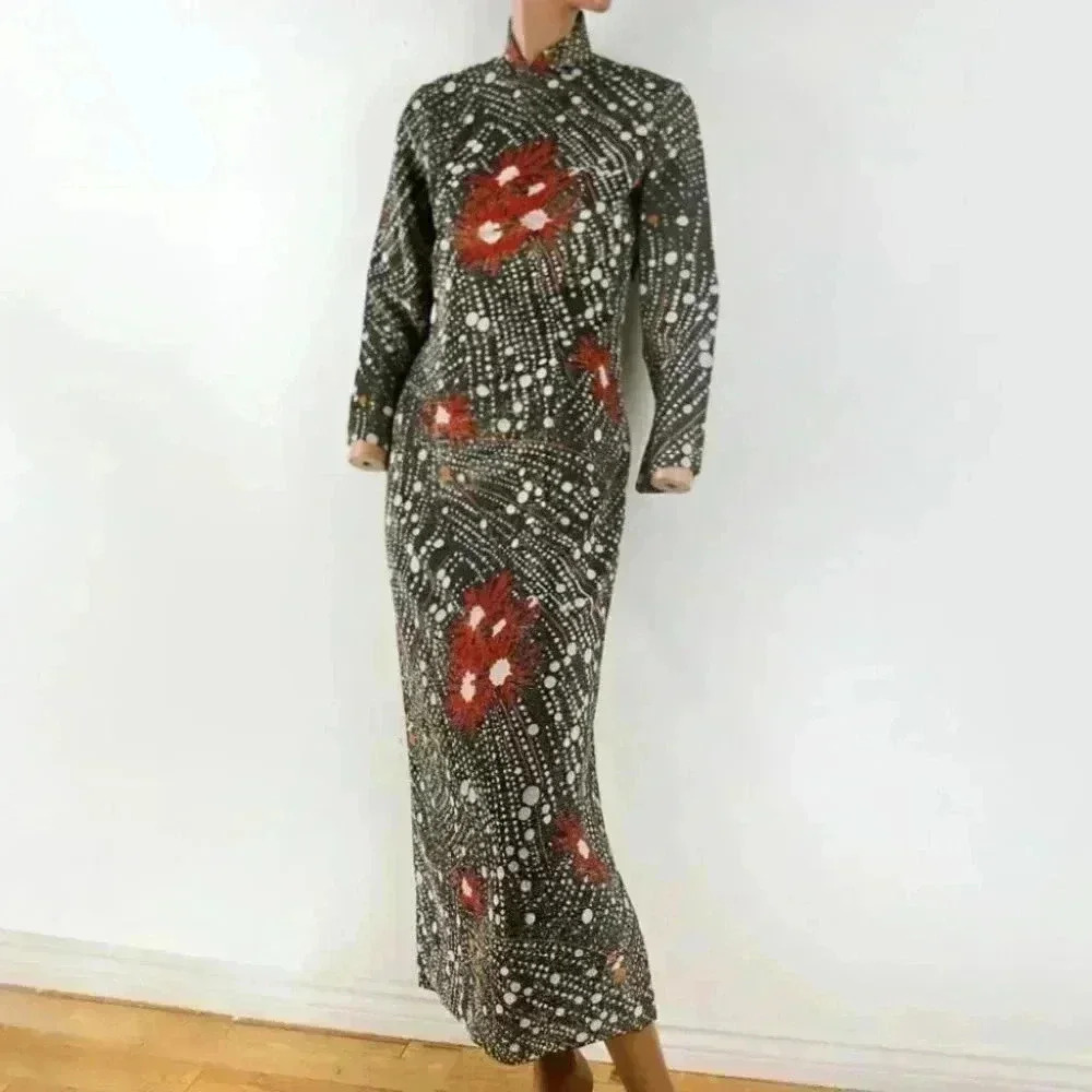 Vintage 70s Long Sleeve  Brown Floral Dress with Gold Metallic Sheen